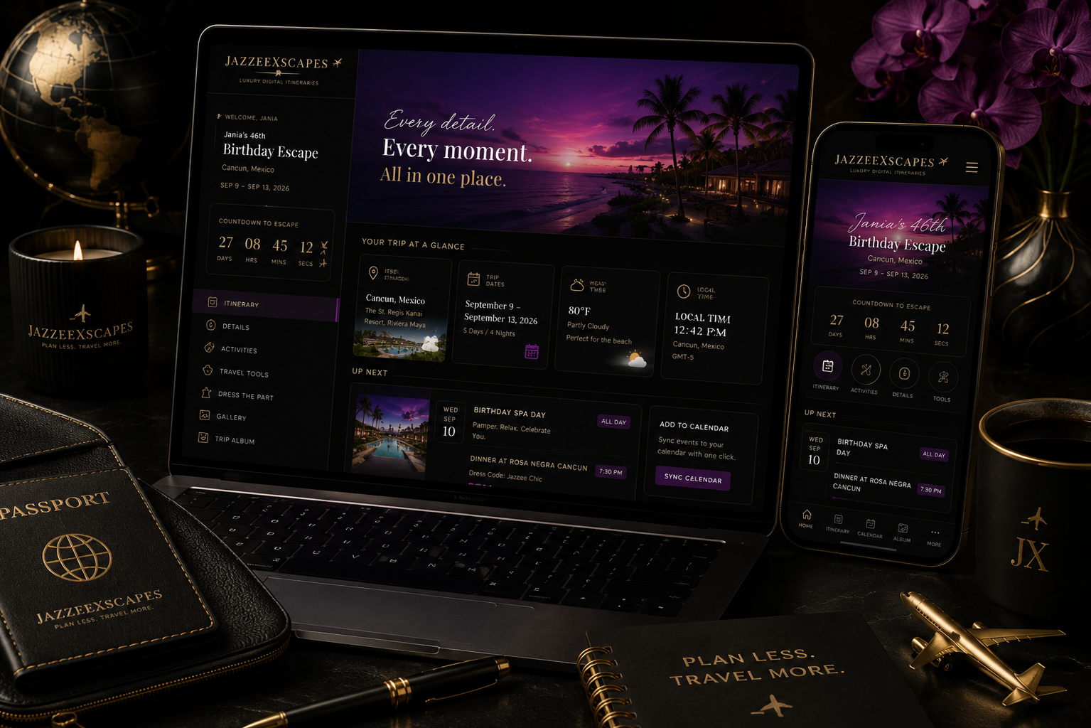 JazzeeXscapes Digital Itinerary experience shown on laptop and phone, displaying a birthday escape itinerary with trip details, schedule, and calendar sync
