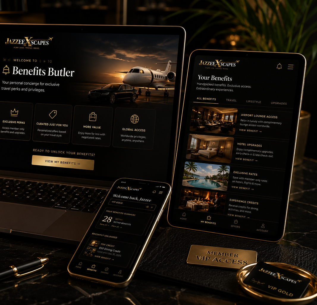 Benefits Butler shown across laptop, tablet, and phone displaying exclusive JazzeeXscapes member travel perks