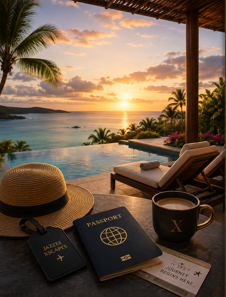 Sunset infinity pool overlooking the ocean with a sun hat, passport, and JazzeeXscapes travel mug on the table