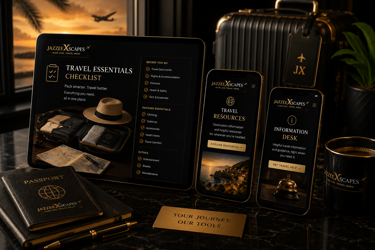 JazzeeXscapes Travel Essentials Checklist, Travel Resources, and Information Desk shown across tablet and phone displays alongside luggage and travel accessories
